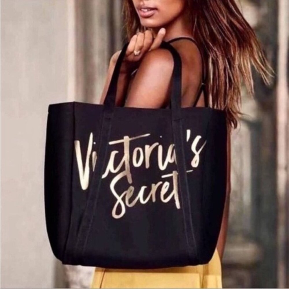 VICTORIA'S SECRET 13"x13"x5" Black Insulated Cooler TOTE BAG Gold Spell-Out NWT